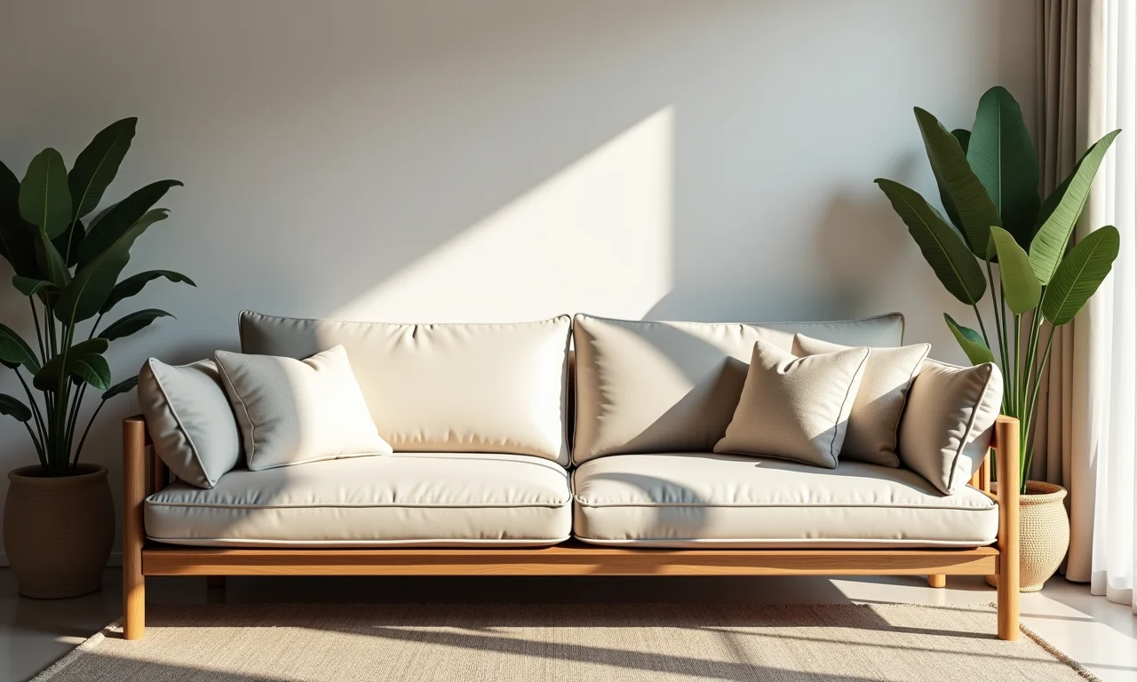 Sofá confortável com almofadas macias e poltrona de madeira em sala de estar.