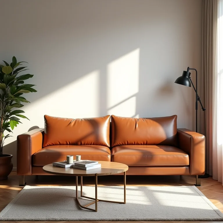 Sofá de couro marrom em sala pequena: aproveitamento de espaço