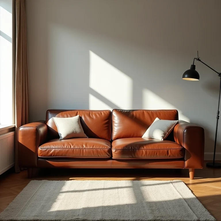 Sofá de couro marrom grande em sala pequena