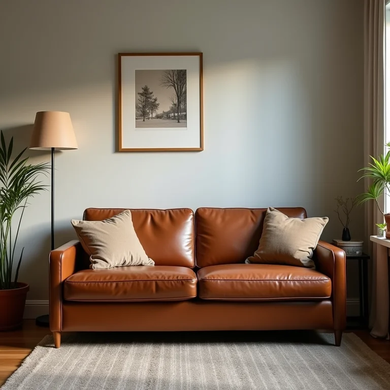 Sofá de couro marrom grande em sala pequena