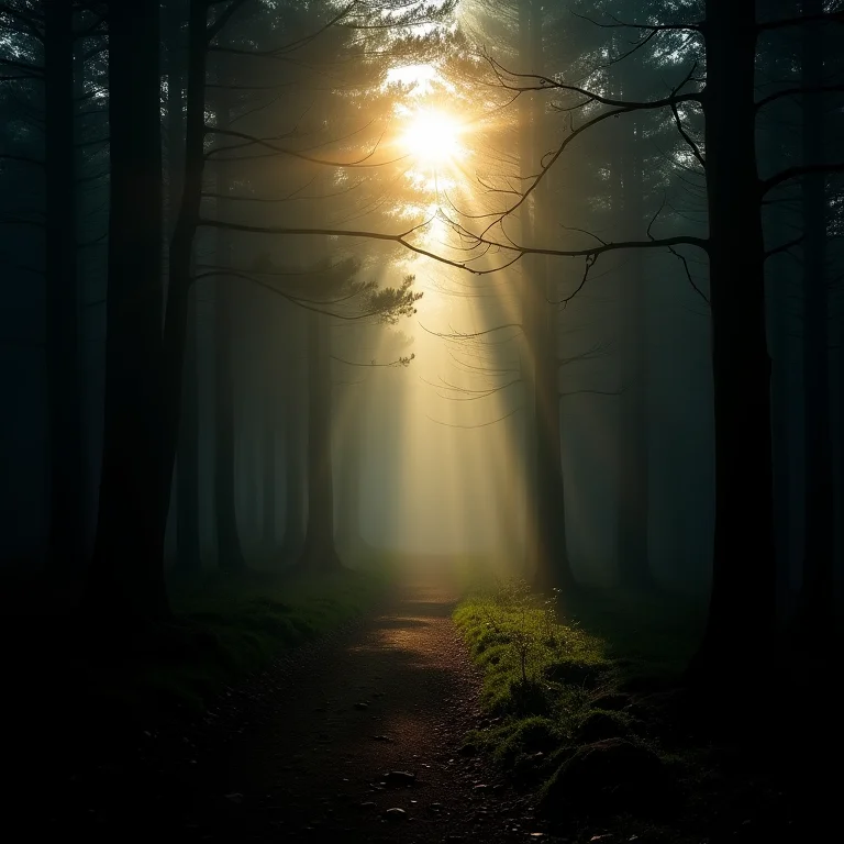 Sol nascendo em uma floresta escura, simbolizando a entrada do Sol em Escorpião