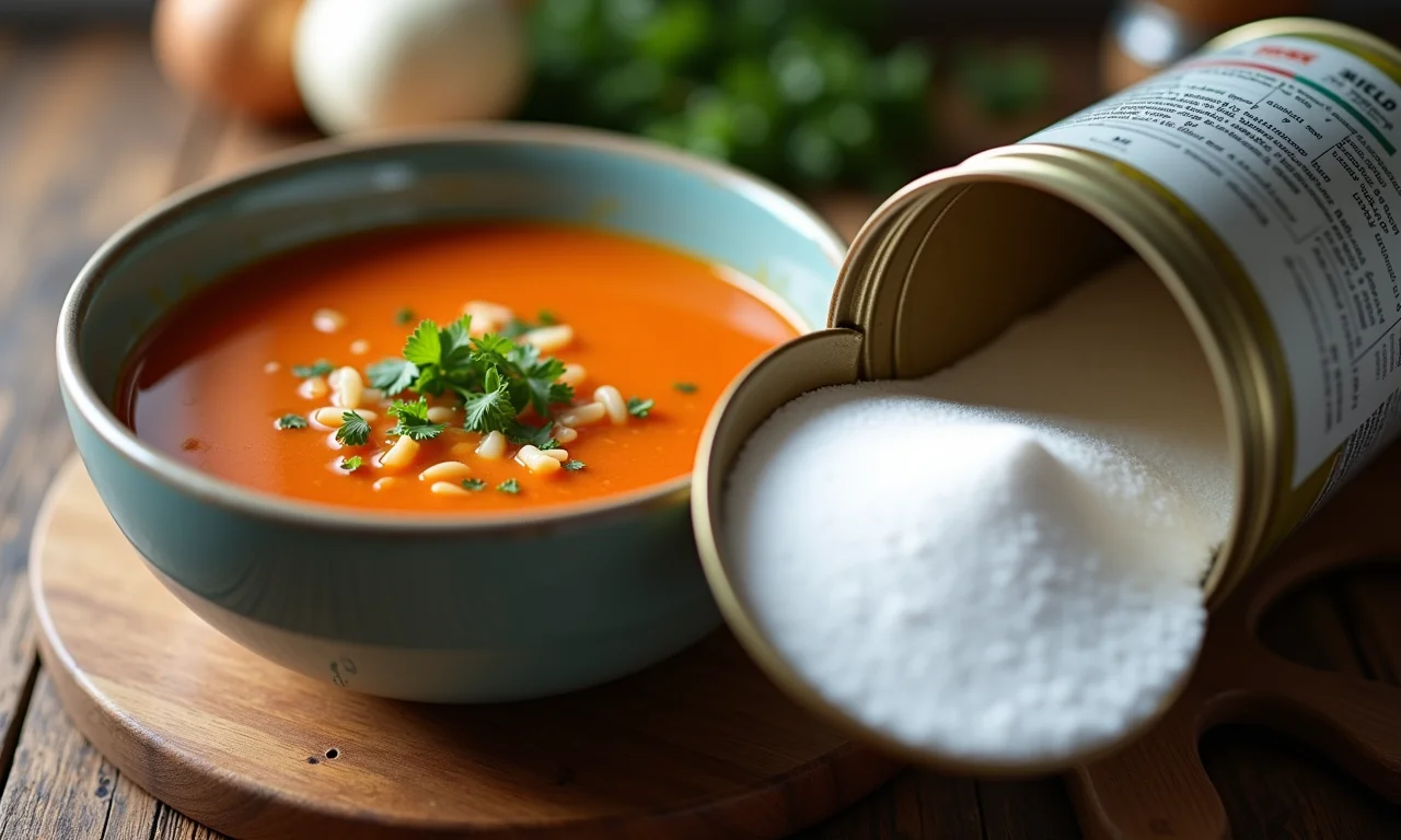 Sopa pronta com lata aberta, mostrando a lista de ingredientes com açúcar.