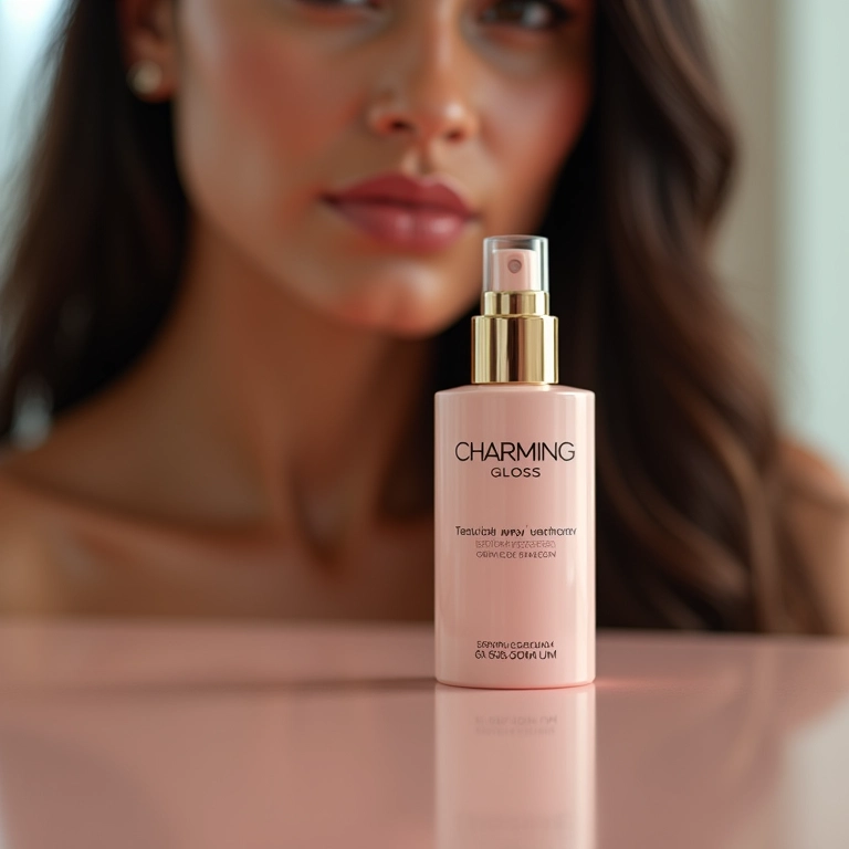 Spray texturizador Charming Gloss em close-up com mulher estilosa ao fundo.