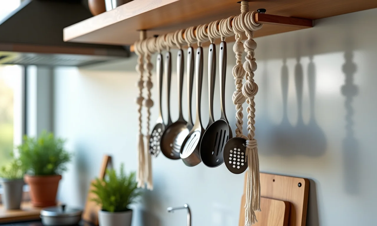 Suporte de macramê para utensílios na cozinha moderna.