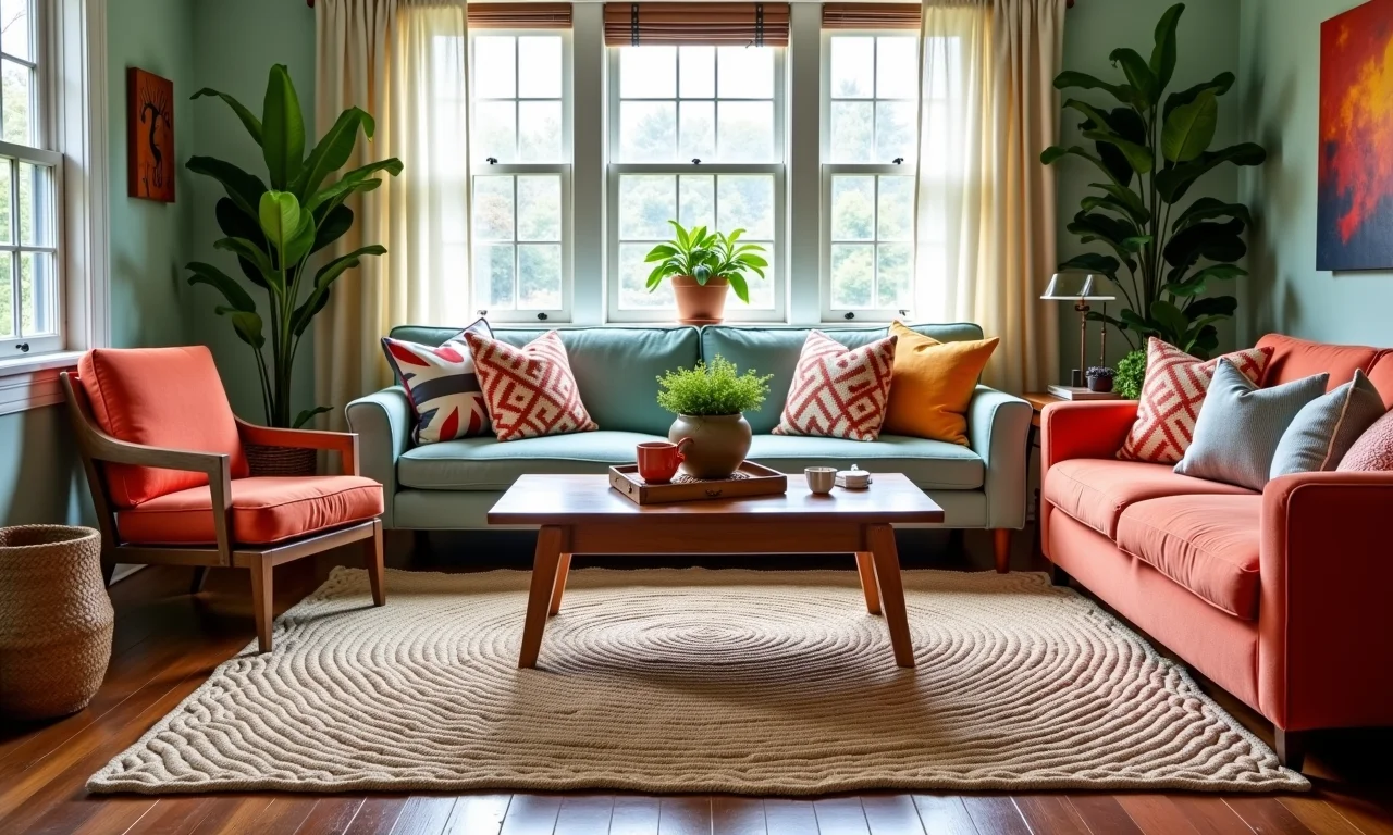 Tapete de crochê feito com fio náutico em sala de estar colorida.