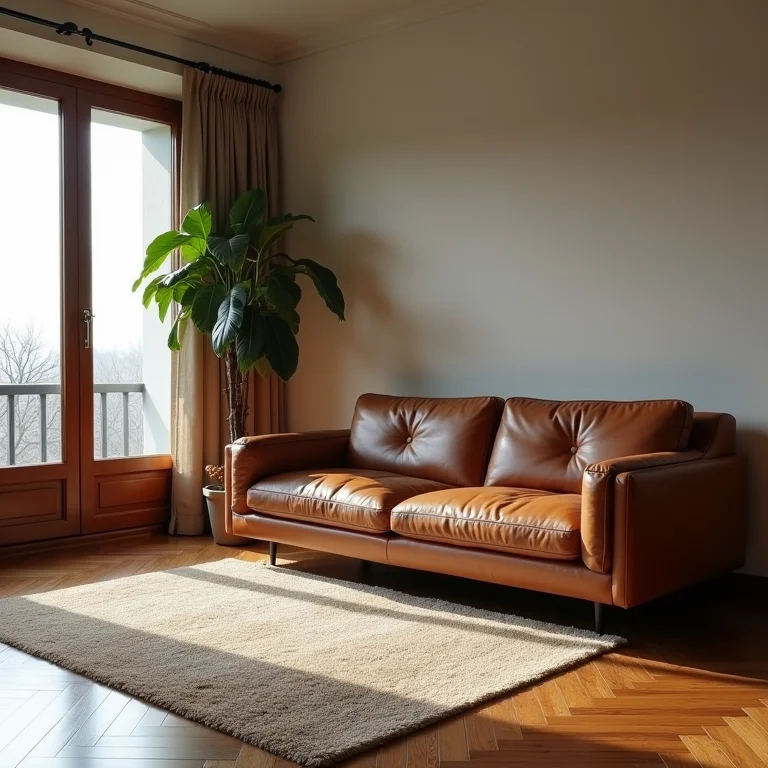 Tapete pequeno demais em sala com sofá de couro marrom