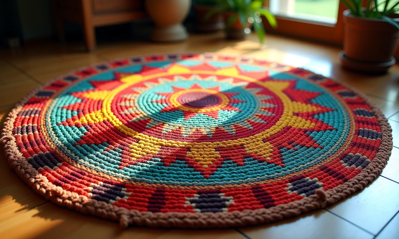 Tapete redondo artesanal com design brasileiro.