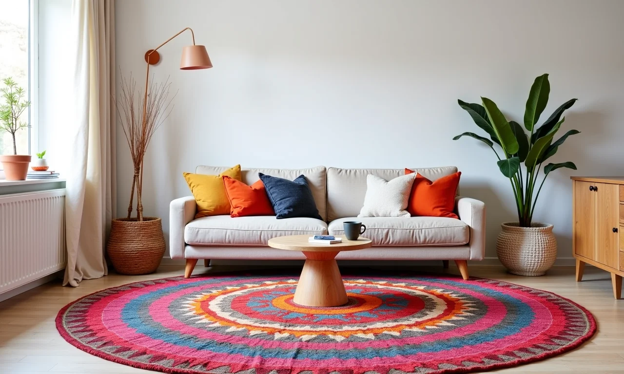 Tapete redondo com cores vibrantes e estampas ousadas.