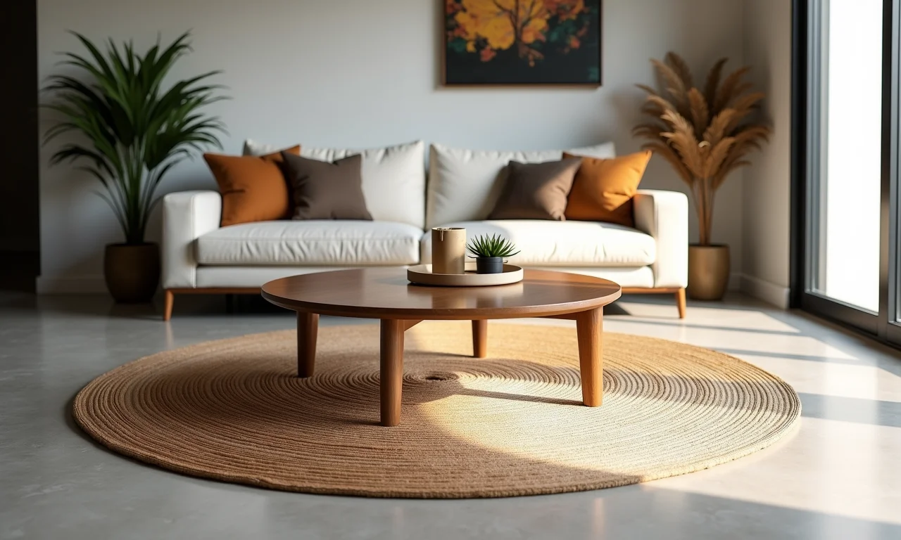 Tapete redondo como ponto focal na sala de estar.