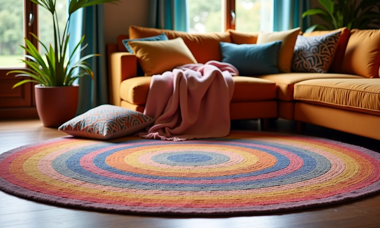 Tapete redondo complementando almofadas e outros objetos decorativos.