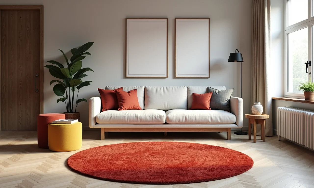 Tapete redondo criando um contraste ousado em uma sala neutra.
