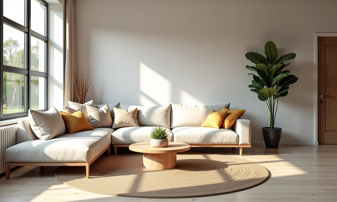 Tapete redondo delimitando o espaço de estar na sala.