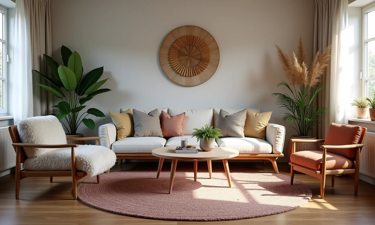 Tapete redondo em harmonia com a decoração boêmia da sala.