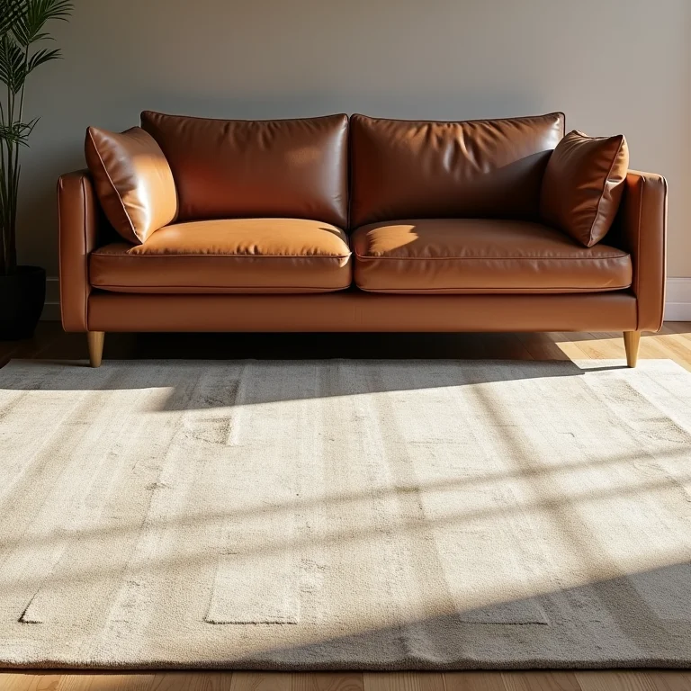 Tapete sem personalidade em sala com sofá de couro marrom