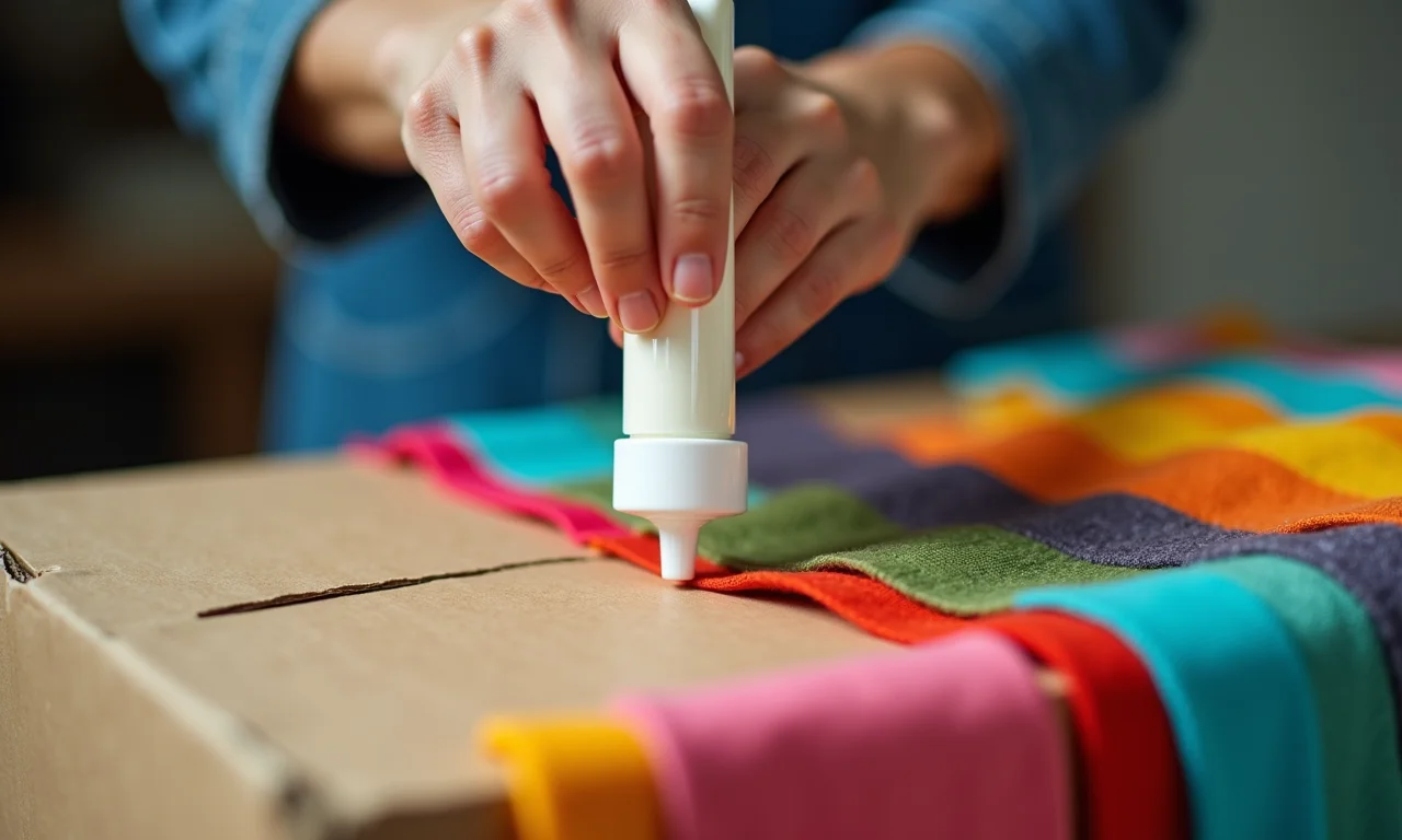 Tecido colorido sendo colado em uma caixa de papelão para cartonagem.