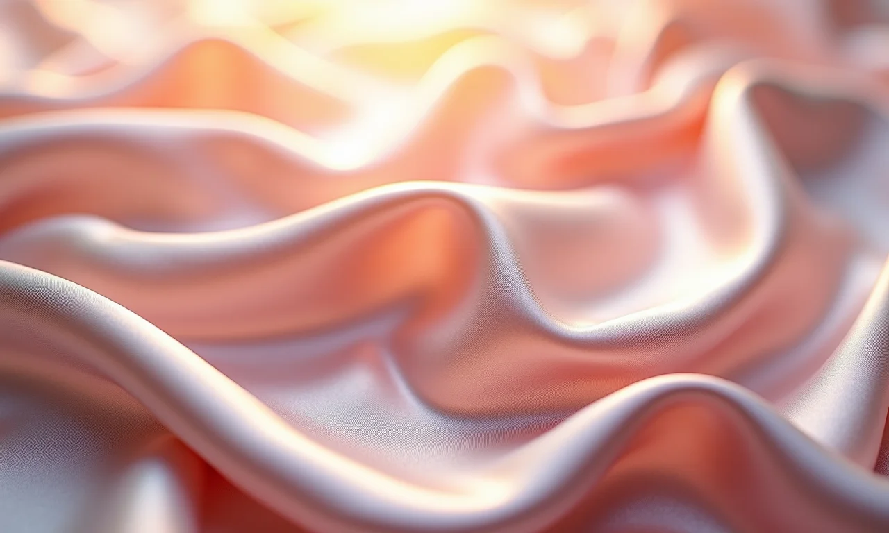 Tecido de seda pura brilhando suavemente sob a luz natural, revelando sua elegância.