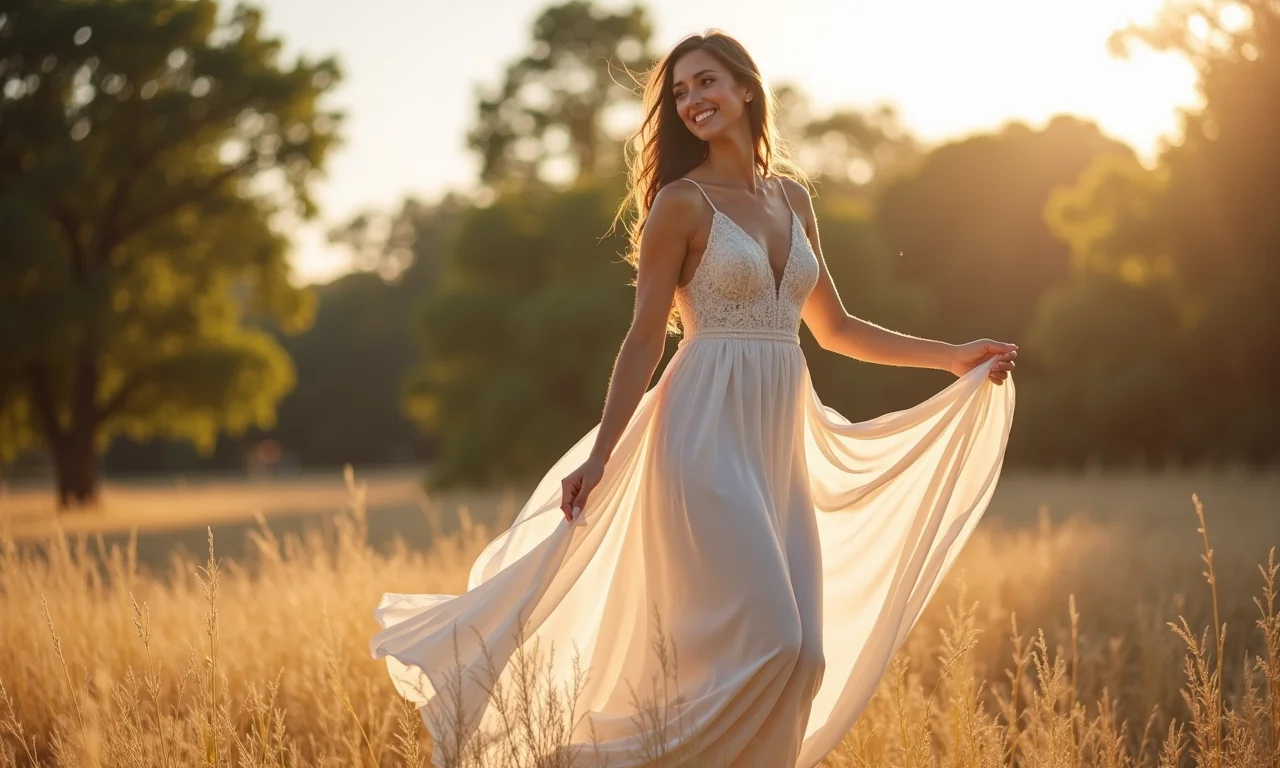 Tecido leve e fluido para vestido de casamento no campo.