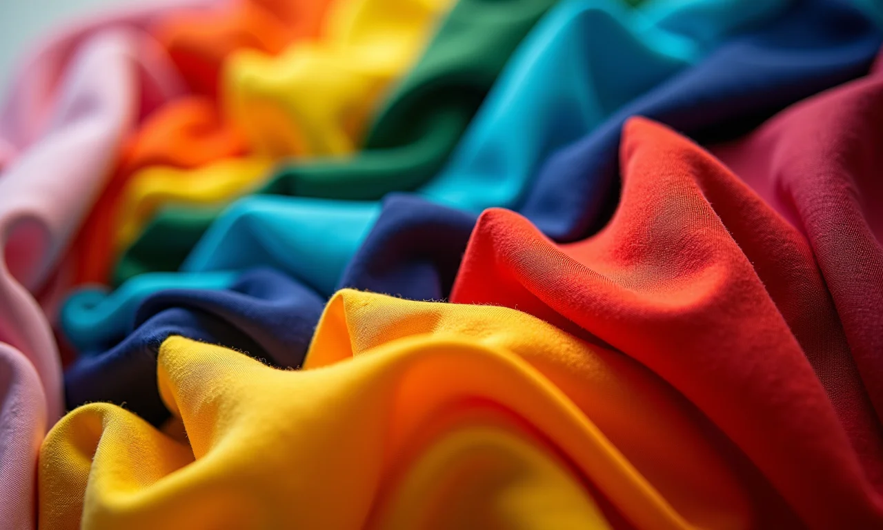 Tecidos coloridos em esquemas de cores análogas, com foco na harmonia visual.