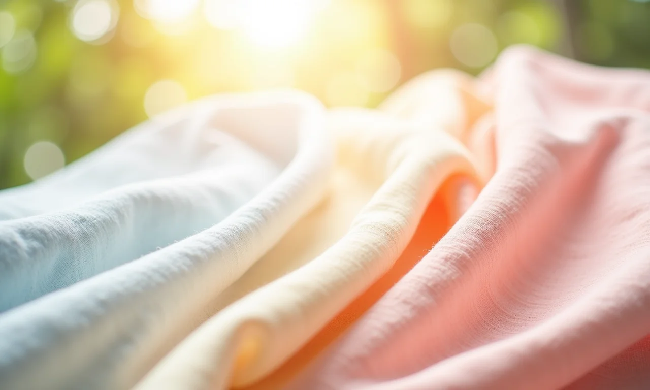 Tecidos leves e frescos como linho e algodão em tons pastel, iluminados pela luz do sol.