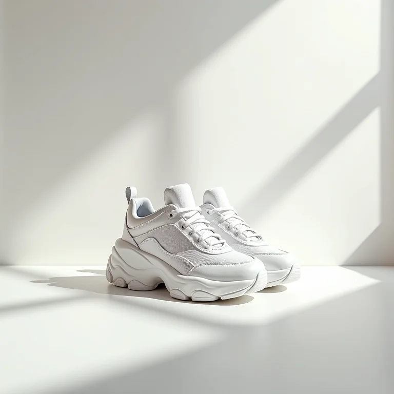 Tênis chunky branco com design arrojado em fundo neutro.