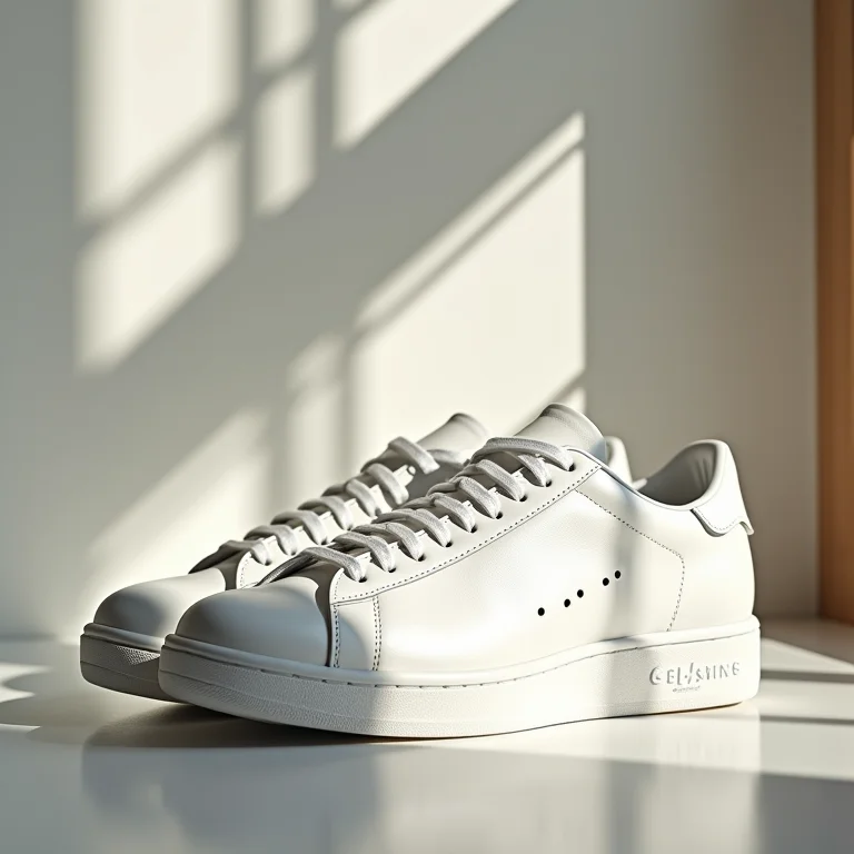 Tênis clássico branco em fundo neutro.