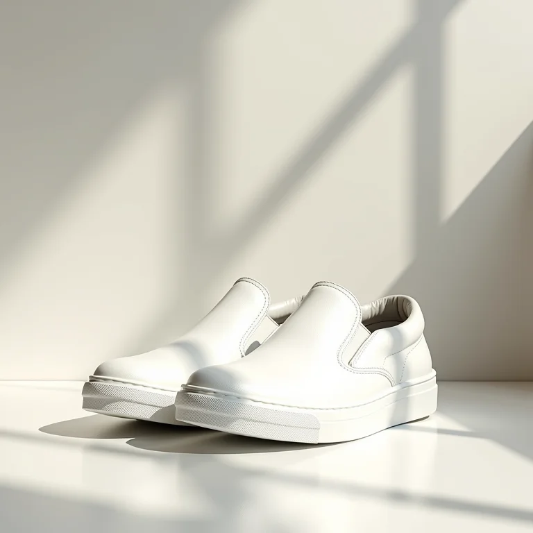 Tênis slip-on branco em ambiente minimalista.
