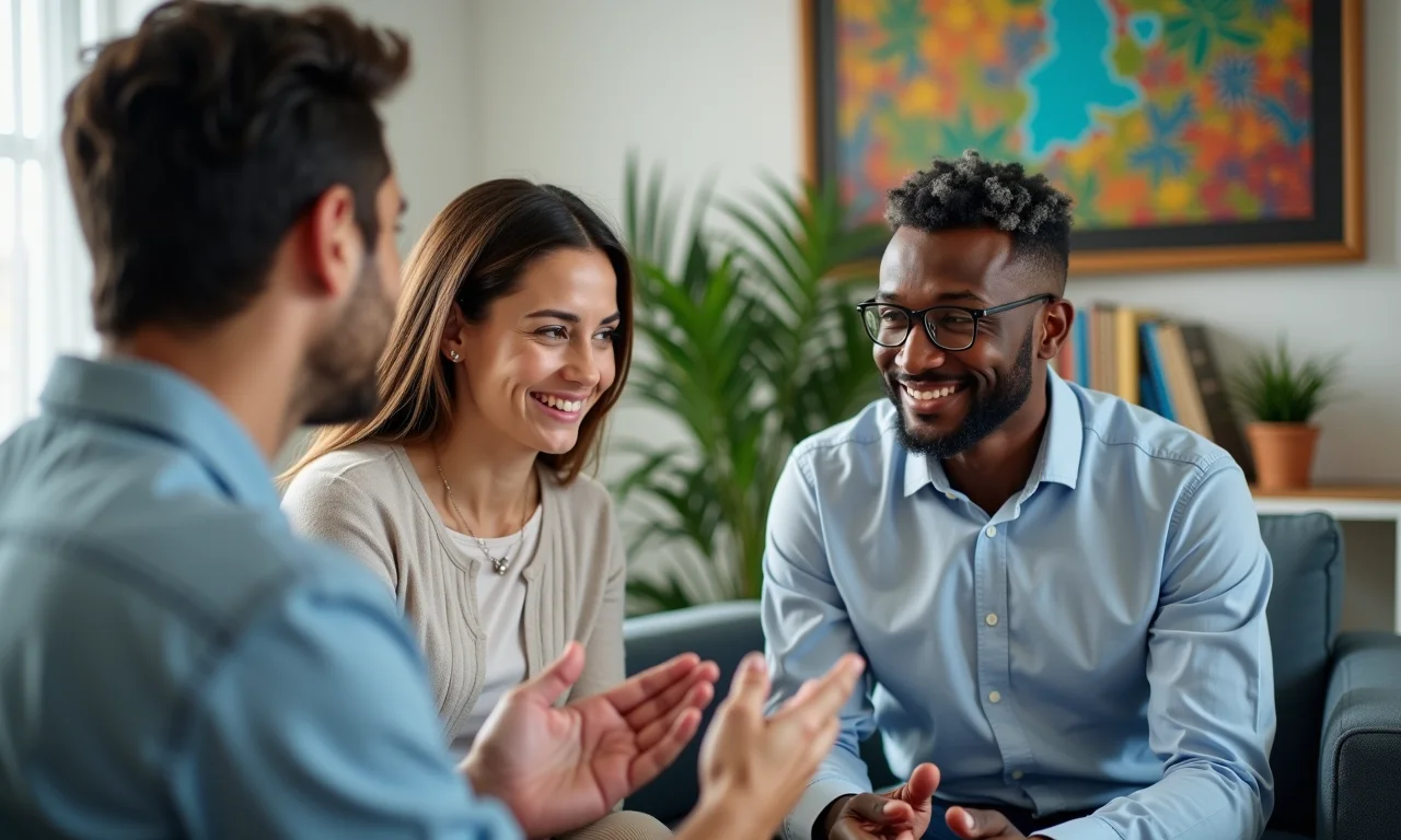 Terapeuta familiar consultando casal em um escritório iluminado e acolhedor.