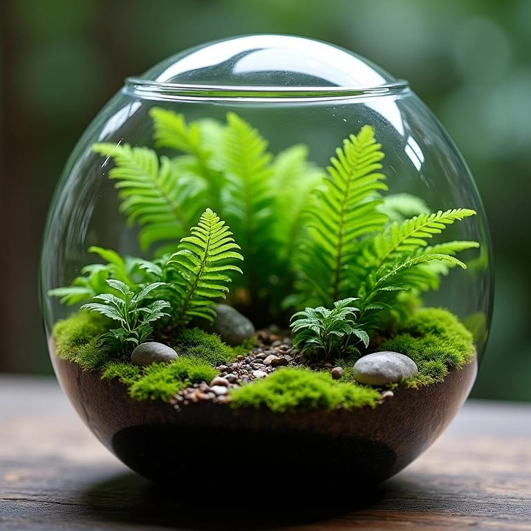 Terrário com samambaias, mini jardim encantador.