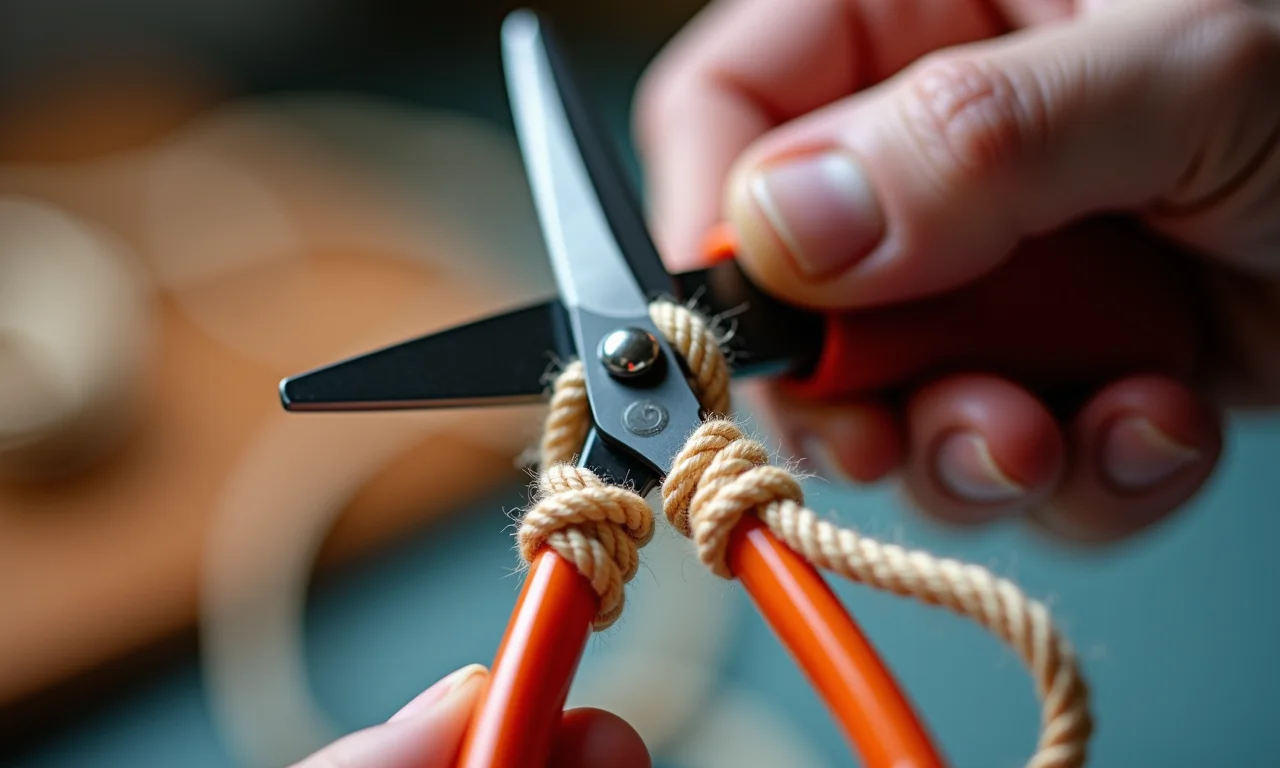 Tesoura afiada cortando cordão de macramê.