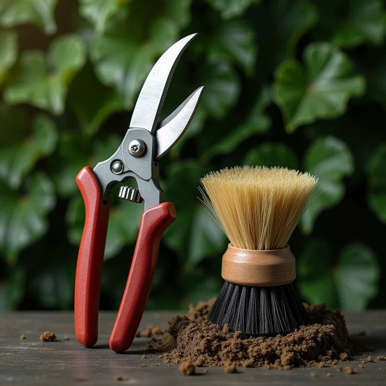 Tesoura de poda e escova para limpeza de jardim vertical.