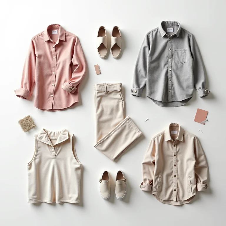 Texturas e padrões de roupas digitais flutuando em um espaço limpo.