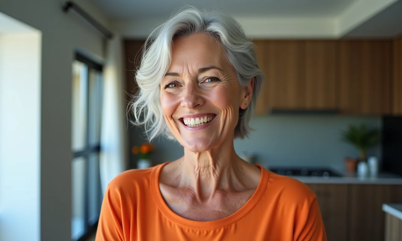 The Silver Stylist, 60 anos, sorrindo, mostrando seus cabelos grisalhos estilosos.