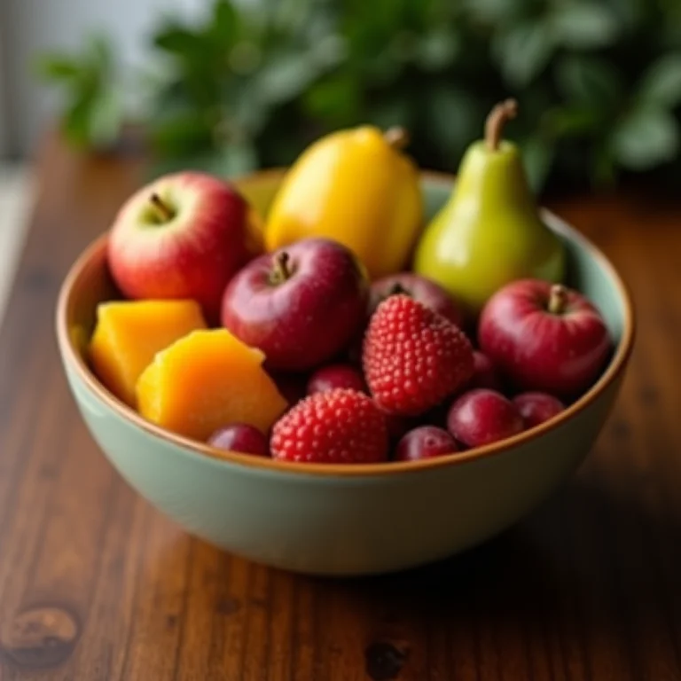 Tigela com frutas coloridas e castanhas