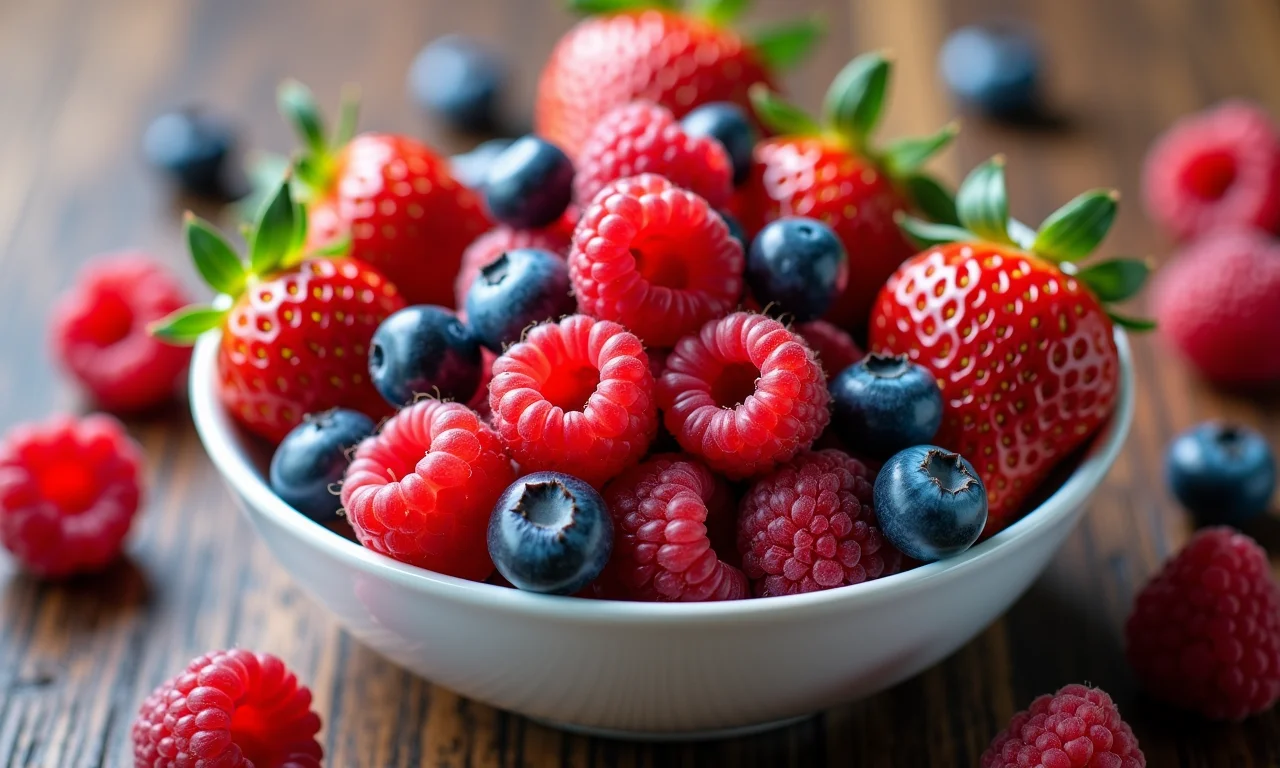 Tigela de frutas vermelhas frescas, uma doce tentação para a libido.