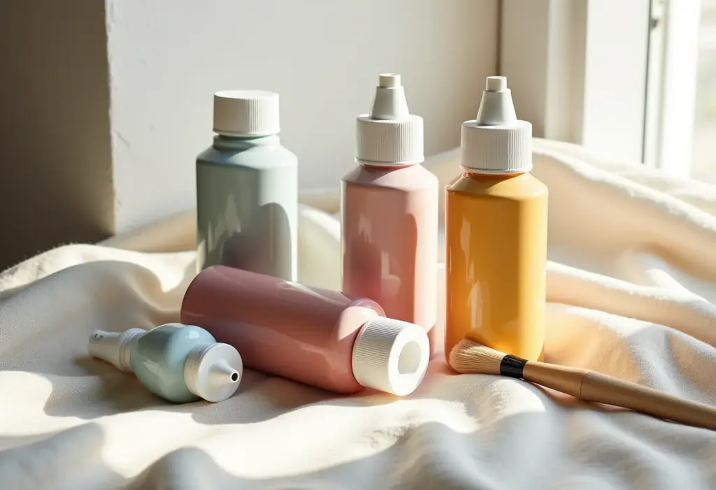 Tinta para tecido: Guia para não errar na sua customização Tintas de tecido coloridas e pincéis dispostos artisticamente sobre linho.