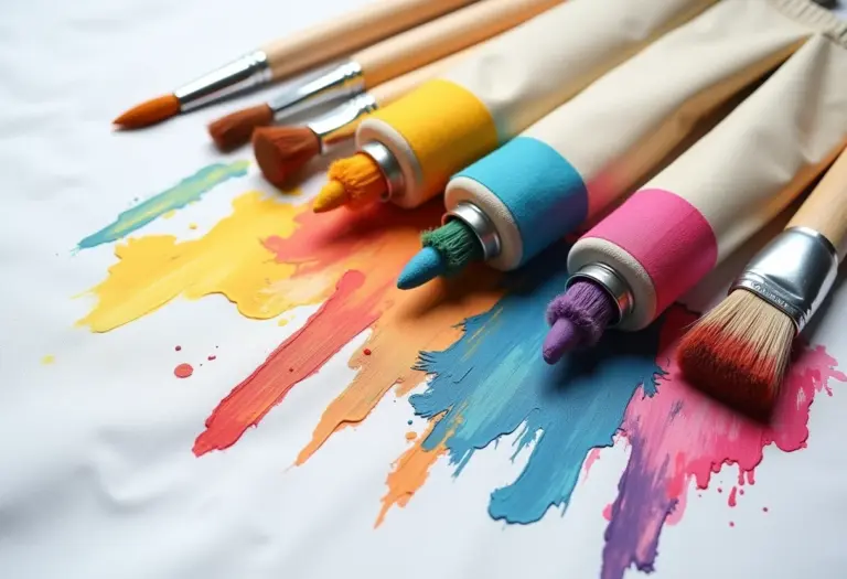 Tintas de tecido coloridas e pincéis sobre linho branco