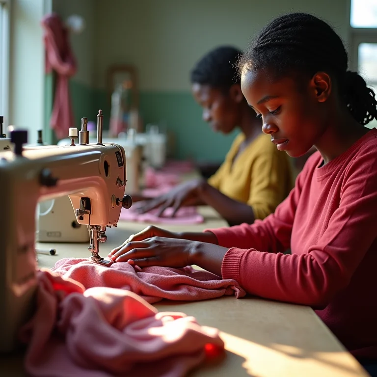 Trabalhadoras em fábrica de roupas com comércio justo.