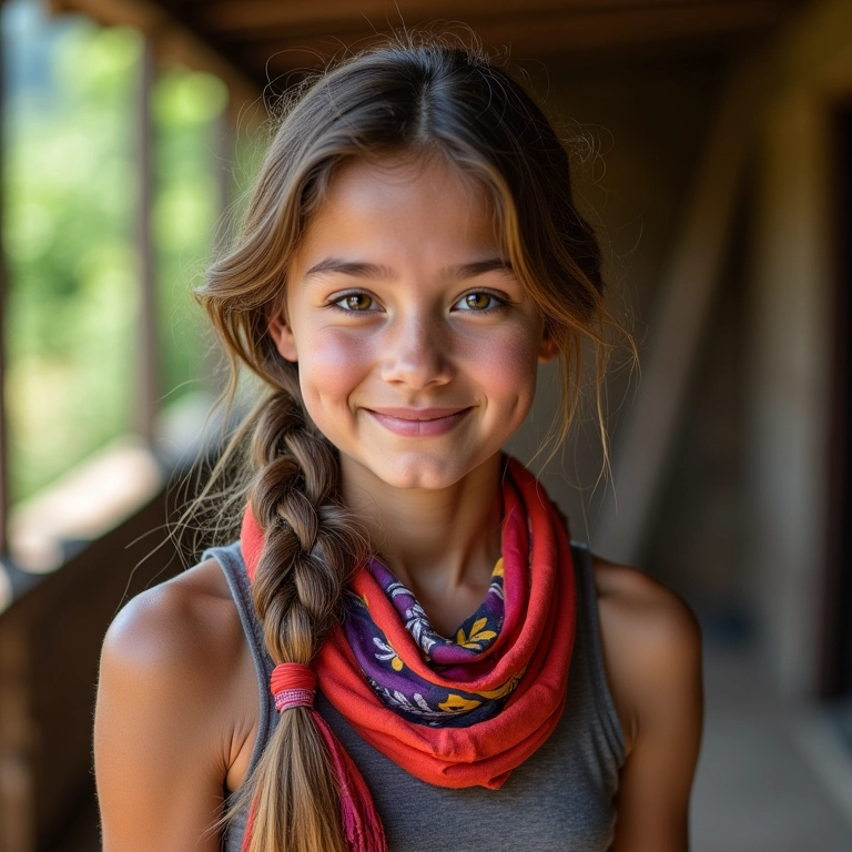Trança charmosa com lenço colorido.