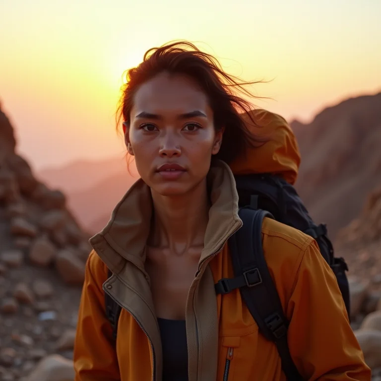 Trekking no Sinai: mulher escala a montanha ao nascer do sol.