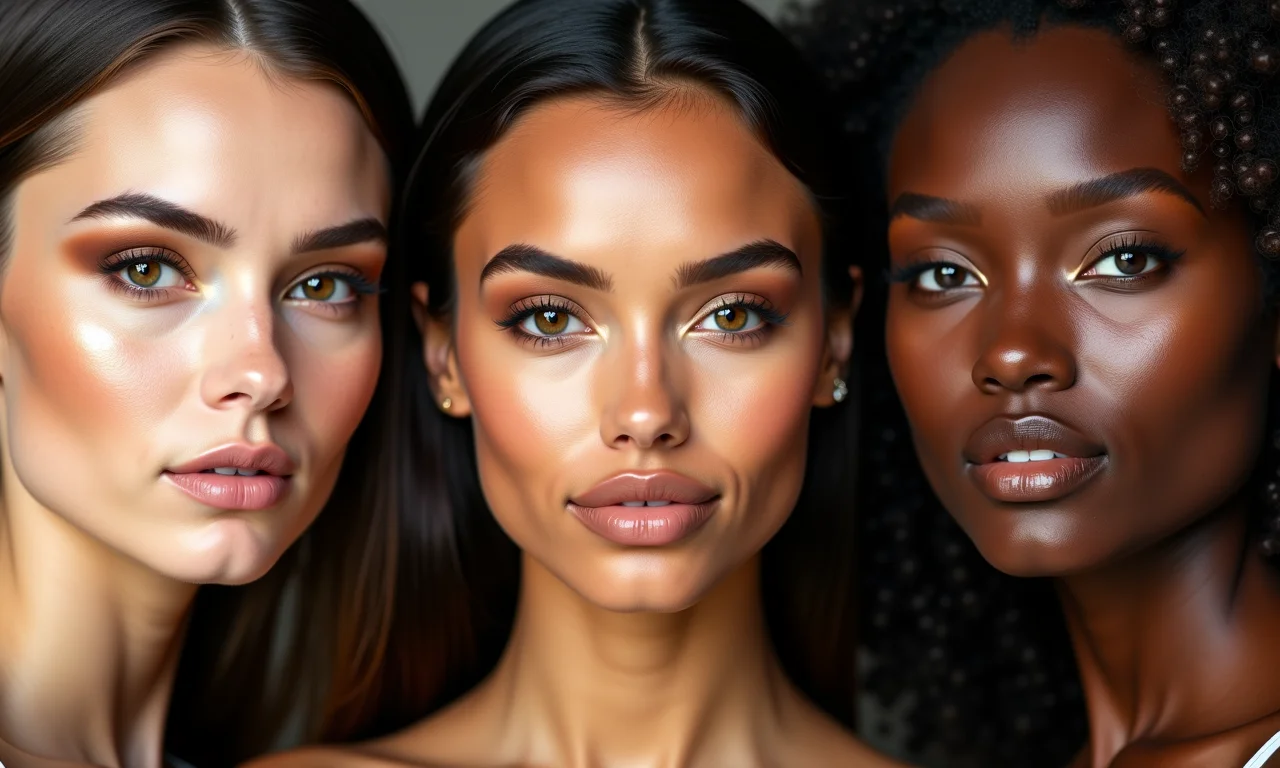 Três mulheres com diferentes tons de pele mostrando diferentes tons de sombra marrom.