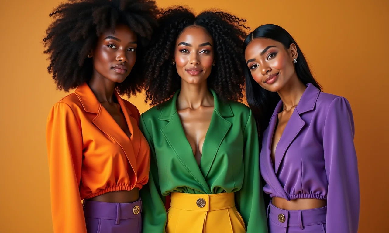 Três mulheres com roupas em laranja, verde e roxo, cores triádicas.