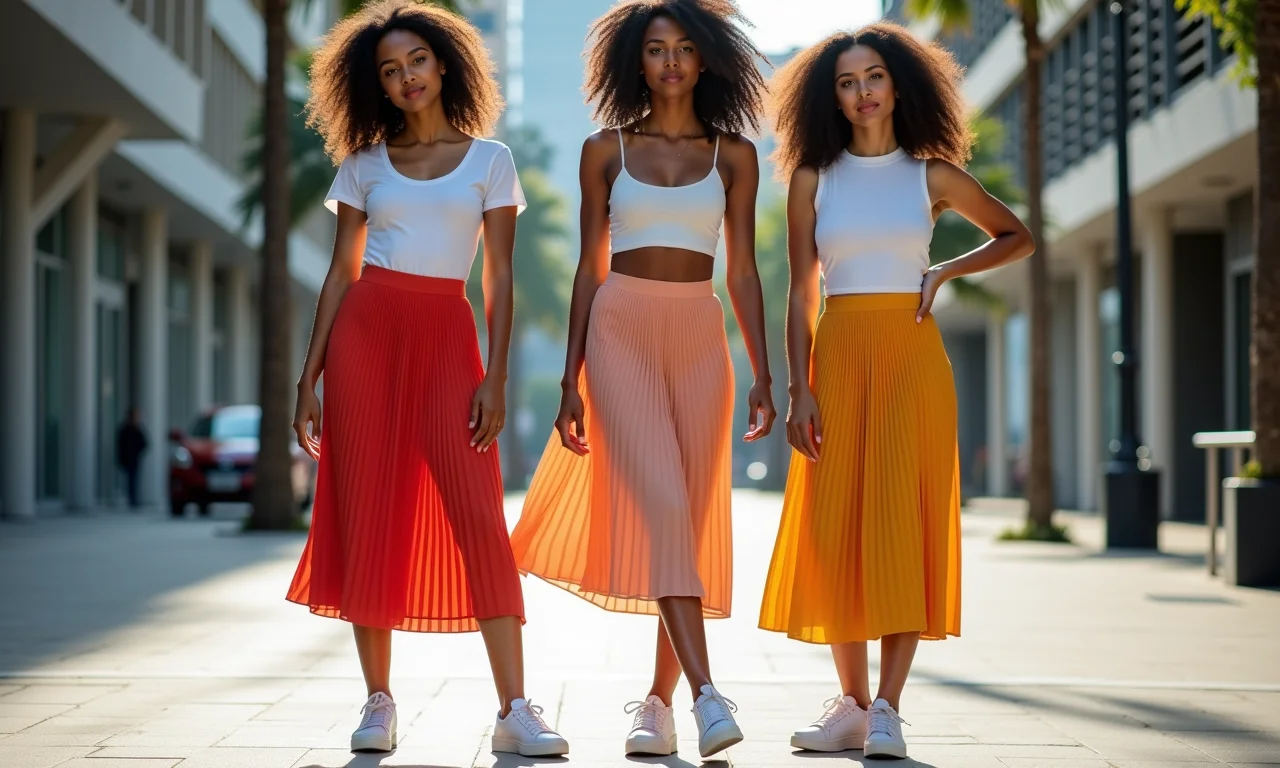 Três mulheres diversas com saias midi e tênis branco em cenário urbano.