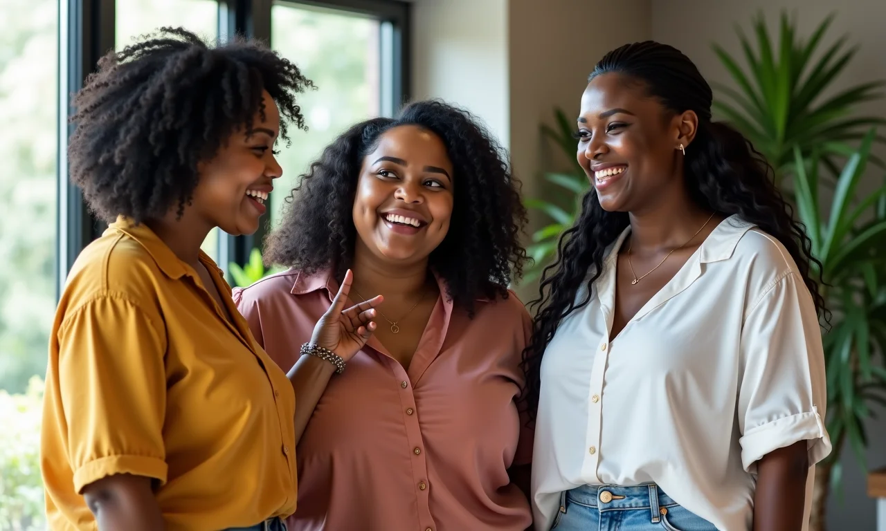 Três mulheres plus size diversas rindo e mostrando looks.