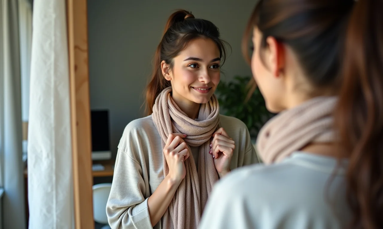 Truque de styling: um lenço estiloso amarrado no pescoço para um toque de cor e elegância.