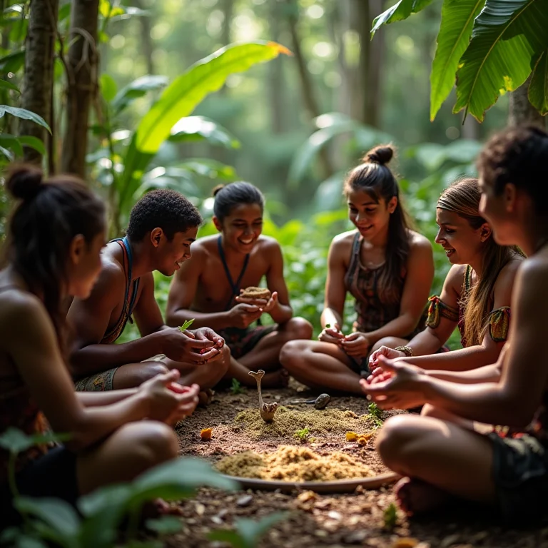 Turistas interagindo com comunidade indígena na Amazônia