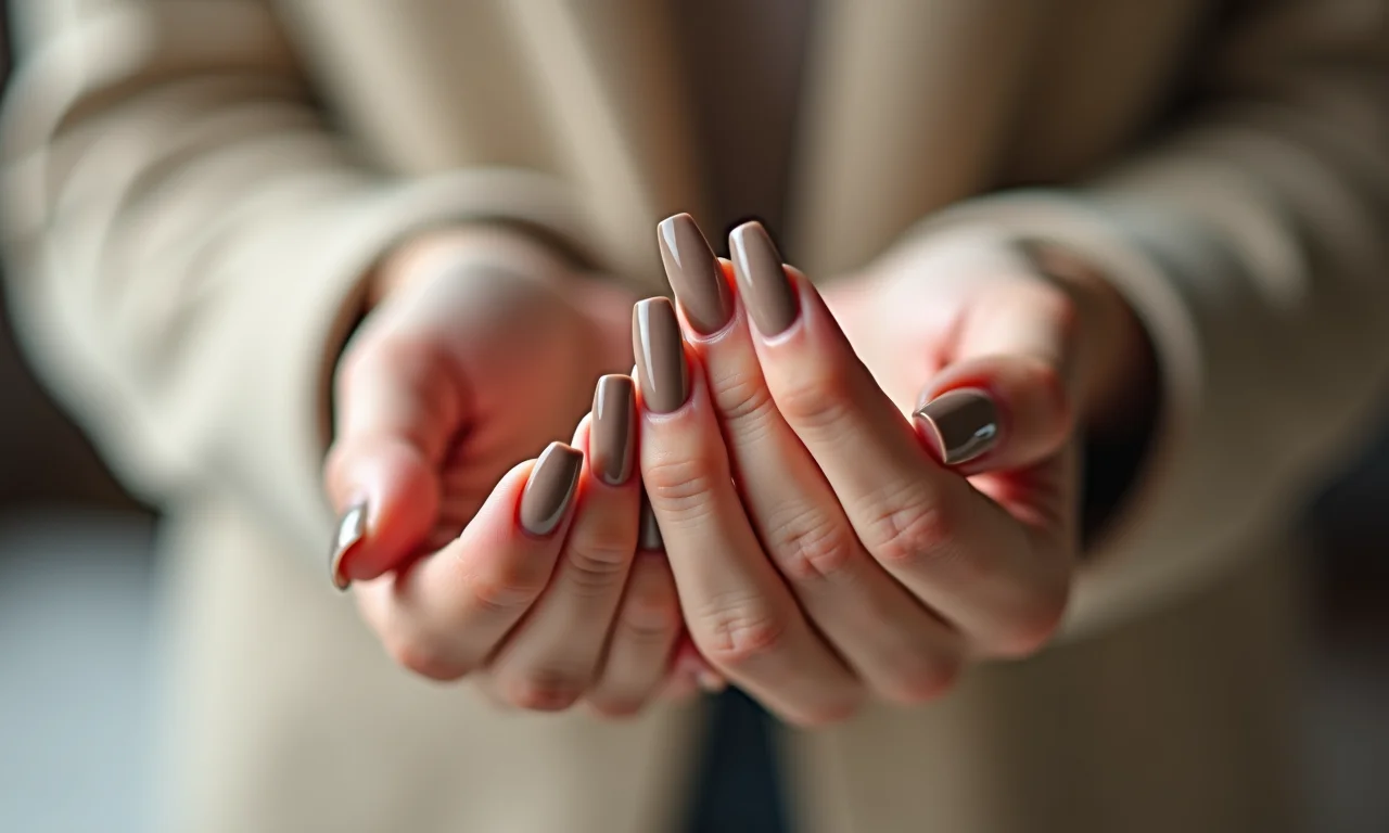 Unhas com esmalte marrom nude elegante.