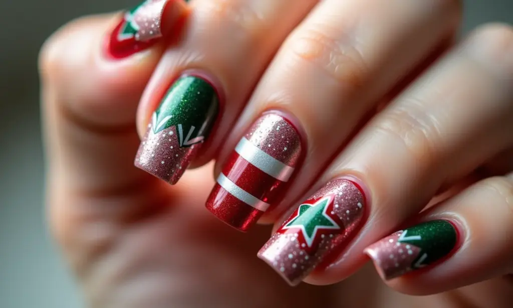 Unhas decoradas para o Natal com diversos estilos e designs festivos.