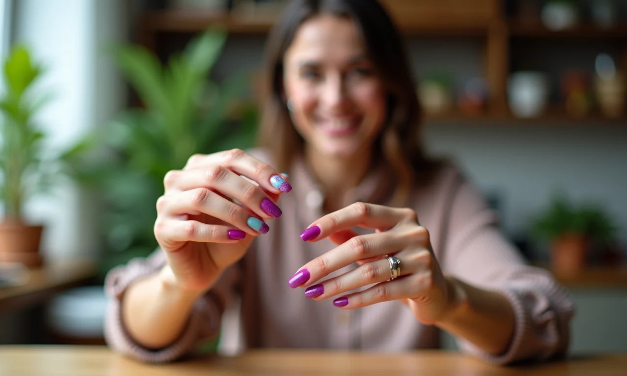 Unhas impecáveis com esmalte vibrante, com o reflexo de uma mulher sorrindo ao fundo.