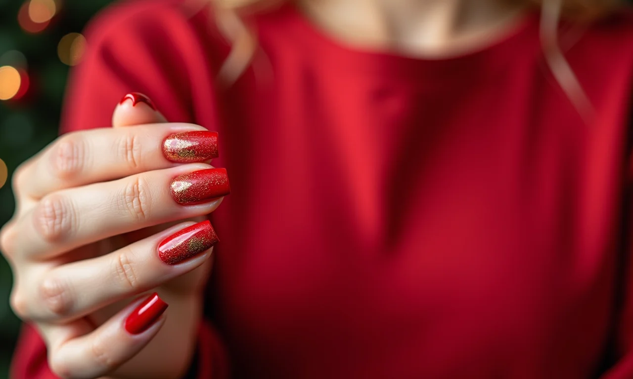 Unhas vermelhas com glitter dourado, um clássico para o Natal.