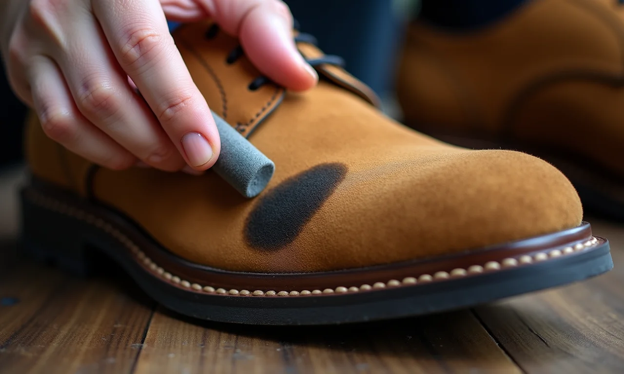 Usando uma borracha mágica para remover manchas de um sapato de camurça.